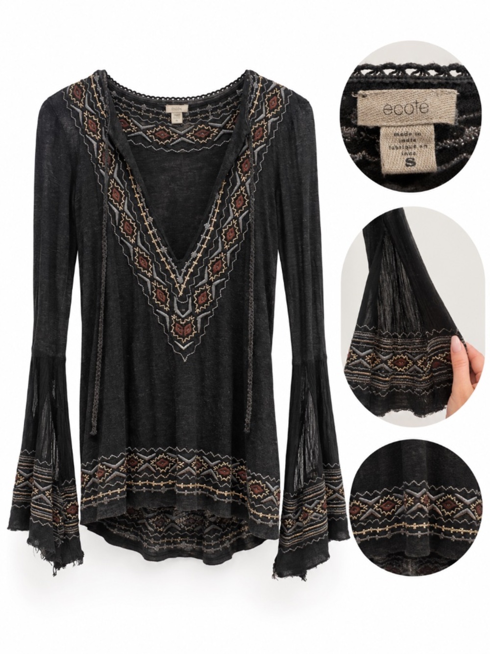 Ecote Urban Outfitters Black Embroidered Bell Sleeve Boho Top S